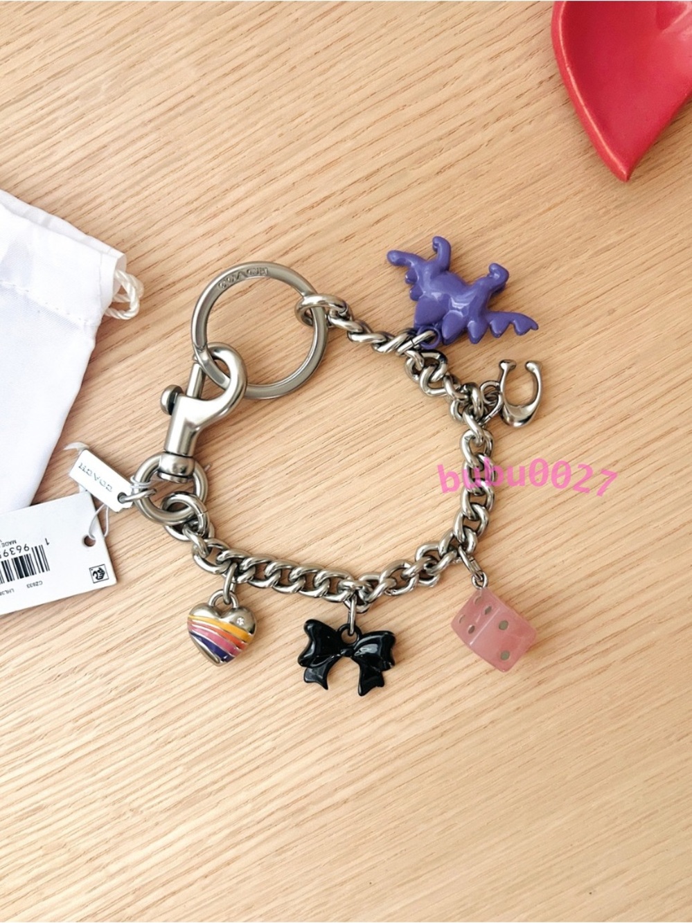 NWT🦖Coach Motif Chain Bag Charm CZ633 Playful Bow Heart Colorful Silver Key Ring - Picture 3 of 4